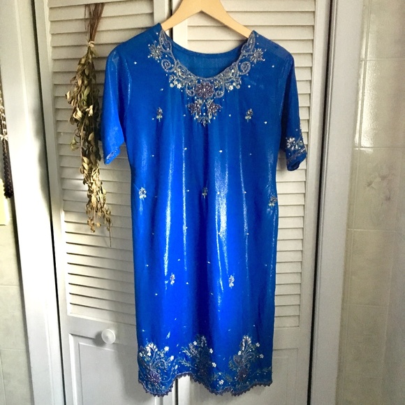{Kurti} Sequin & Pearl Sapphire Blue Tunic Dress - Picture 1 of 8